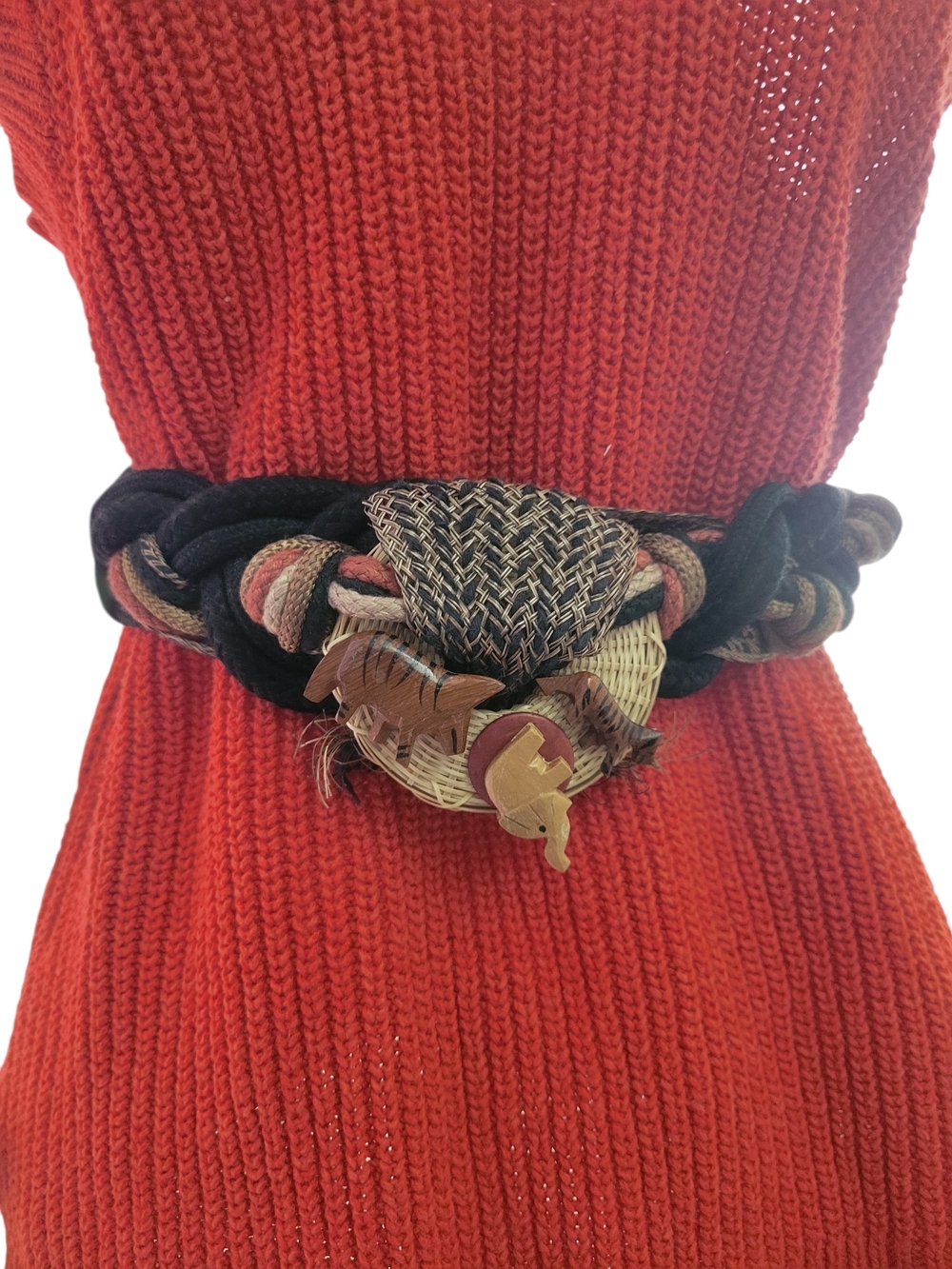Braided Rope Waist Belt with Decorative Woven Buckle - Black & Tan